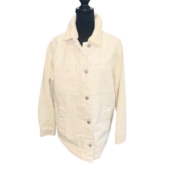 NWT Stoosh Vintage Denim Sherpa Trucker Chore Coat Barn Jacket Cream Oversized - Picture 1 of 14